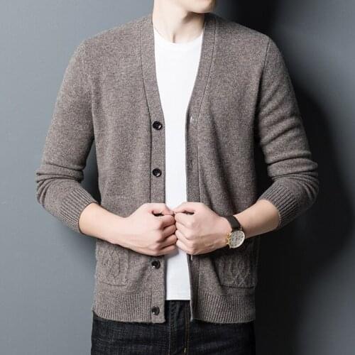100% Wool Coat Men Knitted Cardigan 2020 Spring Autumn Man long sleeve Single-Breasted Sweater Jacket