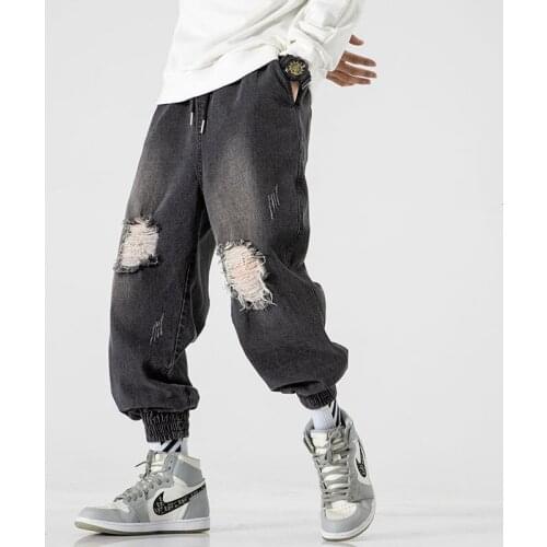 2021 Mens New Baggy Homme Casual Pants Cargo Pocket Hole Decorate Jeans Black/blue Color Biker Denim Trousers Big Size M-5XL