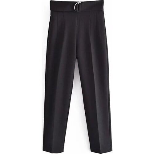 2021 ZA Women Fashion belted trousers with buckle womens black Vintage high-waist pronounced seams casual Ladies pants Female