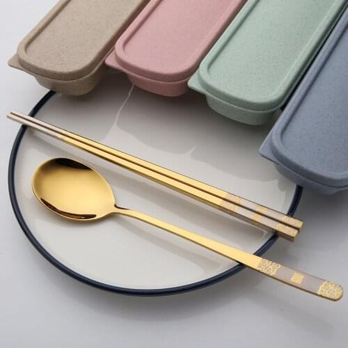 304 Stainless Steel Portable Student Cutlery Set Travel Box Wheat Box