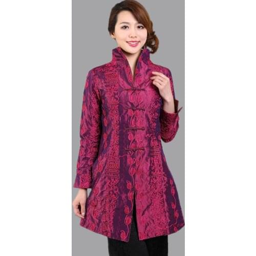 Burgundy Traditional Chinese Ladies Jacket Women Satin Embroidery Long Coat Spring Autumn Flower Outwear Plus Size 3XL 4XL 5XL