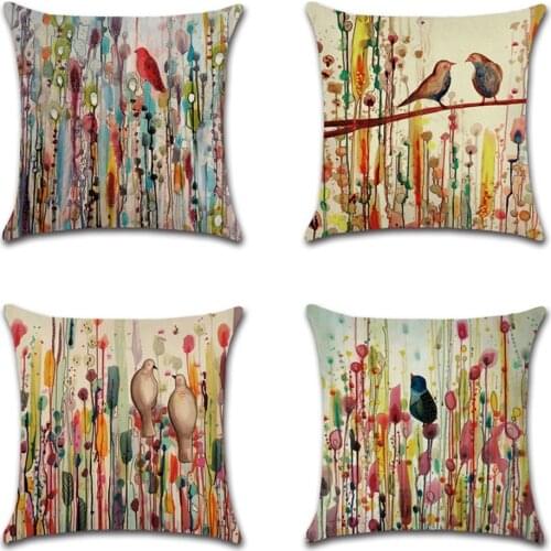 Natural Scenery Pillow Case Gouache Flower Bird Printing Cushion Cover Home Decorative Animal Linen Car Sofa Waist Pillowcase