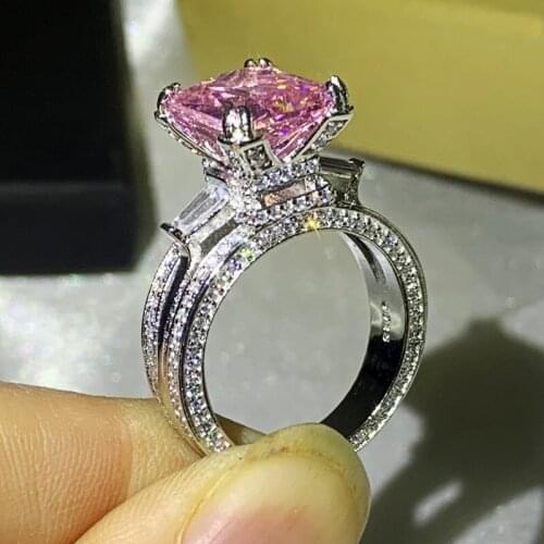 Classical Eiffel Tower Wedding Ring 925 Sterling Silver Princess Cut Big Pink AAAAA Zircon Pave CZ Promise Women Bridal Rings