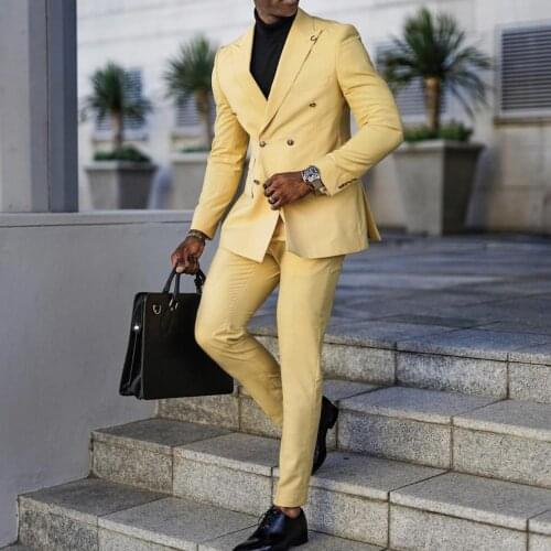 2 Pieces Peak Lapel Double Breast Yellow Men Suit Slim Fit Tailor Made Groom Tuxedos Party Business Formal Suit Jacket Pants