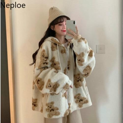 Neploe Cute Women Hoodie 2021 Winter Loose Hoodies Sweatshirts Streetwear Thick Lamb Wool Bear Coat Zipper Oversized Outwear