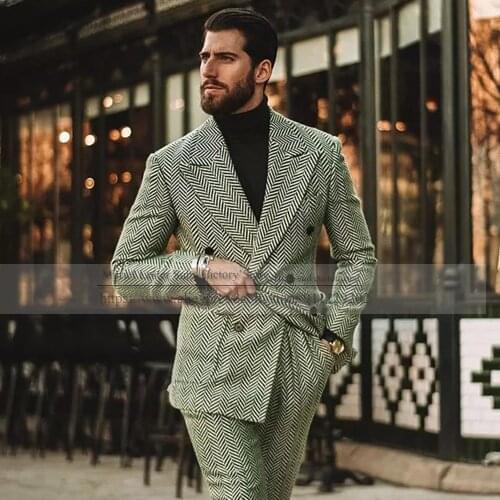Classic Grey Lastest Coat Designs Herringbone Wide Peak Lapel Men Suits Wool Formal Double-Breasted Blazer With Pants 2021