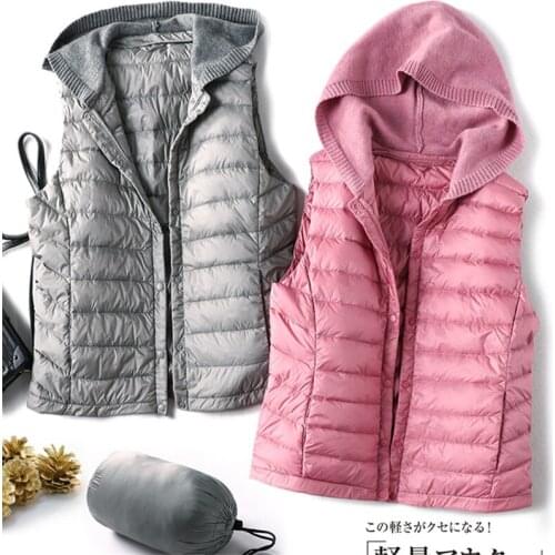 Autumn Winter Women White Duck Down Jackets Ultra Light Short Knitted Hooded Patchwork Vest Casual Sleeveless Waistcoat Parkas
