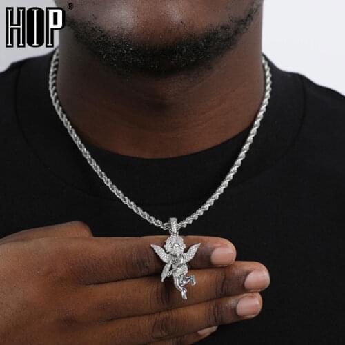 Hip Hop Angel Bling Cubic Zirconia AAA CZ Stones Necklaces & Pendants For Men Rapper Jewelry With Solid Back