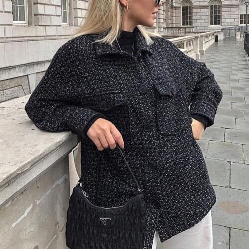 Women Fashion Long Sleeve Pockets Outerwear Tops Stylish Loose Tweed Plaid Jacket Coat Female Black Chic Coats Casual Streetwear