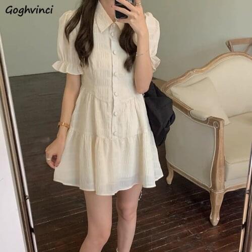 Petal Sleeve Dress Women Sweet Ruffles Girl A-line Single Breasted Slim Preppy Style Princess Folds Dresses Simple Gentle Trendy