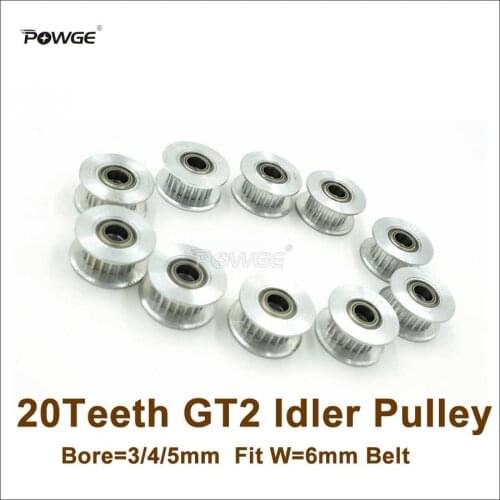 POWGE 10pcs 20 Teeth 2GT Idler Pulley Bore 3/4/5mm With Teeth For W=6mm GT2 2M Belt 20T 20Teeth GT2 Passive Pulley With Bearing