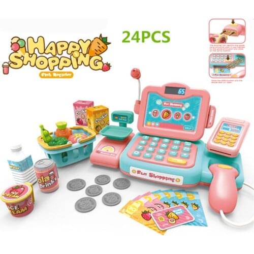Durable Cash Register Toy Pretend Play Educational Toy With Scanner Sound Music Microphone Calculator Play Money&Grocery Toy
