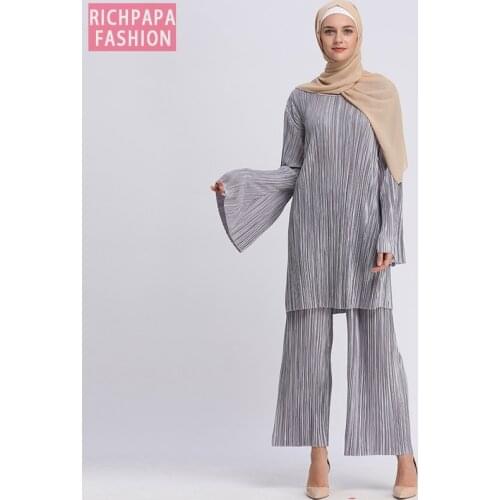 Plus Size Abaya Bangladesh Muslim Hijab Two Piece Set Pleated Long Sleeve Top & Pants Abayas For Women Turkish Islamic Clothing