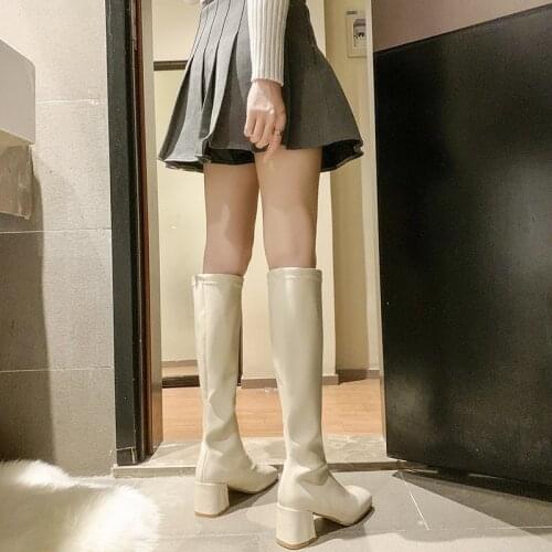 Med Heel Boots Boots-women Booties Ladies Shoes Low Heels booties Round Toe 2020 Mid Calf Rubber Over-the-knee PU