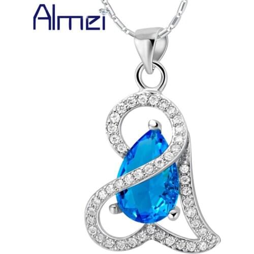 Almei Heart Jewelry Silver Necklace CZ Zircon Red/Blue/Purple Stone Color Water Drop Crystal Pendants For Women Bridal N843
