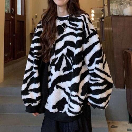 Imitation Lamb Plush Round Neck Sweatshirt Zebra Pattern Winter Velvet Thickening Harajuku Bf Wind Loose Coat Jacket Pullover
