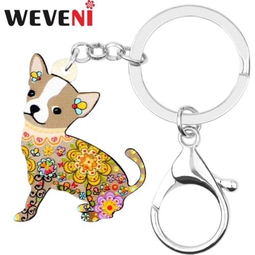 WEVENI Acrylic Brown Flowers Chihuahua Dog KeyChain Key Rings Fashion Pet Design Jewelry For Women Girls Teens Charms Lots Gift