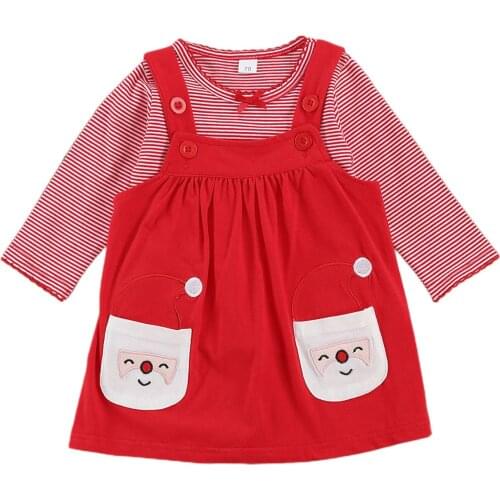 Baby Girls 2PCS Skirt Outfits, Red Stripe Crew Neck Bow Lace Long Sleeve Top, Santa Pattern Pocket Strap Skirt Christmas Outfits