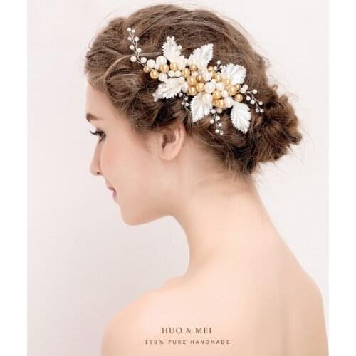 Custom handmade diamond pearl bride hairpin, gold headdress wedding Bride crystal pearl hair ornaments Bridal headdress