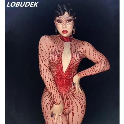 Female costumes Bright crystals sexy Jumpsuits red stone Outfit performance show zentai Singer Dance Nightclub star Rompers