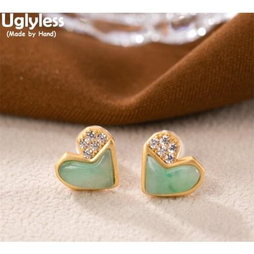Uglyless Sweet Heart-shape Jadeite Studs Earrings for Women Natural Gemstones Earrings Crystals LOVE Gifts Jewelry 925 Silver