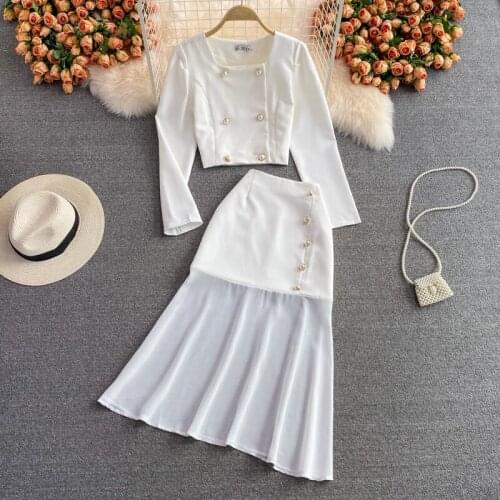 Autumn Double Breasted Long-sleeved Jacket Outfits + A-Line Button Deco Bodycon Maxi Skirt Women Fashion 2 Piece Sets Women