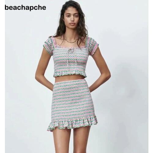 Beachapche 2 Pieces ZA Summer Women Sets Tops+Skirts Elegant Short Sleeve Bow Short Shirt Casual Square Collar Ruffles Tops Chic
