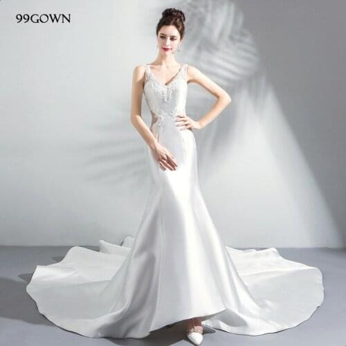 99GOWN 2021 Women Wedding Dress Luxury Ivory Satin Elegant Long Dress Sexy V-Neck Backless Mermaid Beading Lace Wedding Gown