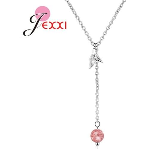 New Pink Natural Strawberry Crystal Pendant Necklace Women Romantic Mermaid Fishtail Choker Silver Chain Necklace Women Jewelry