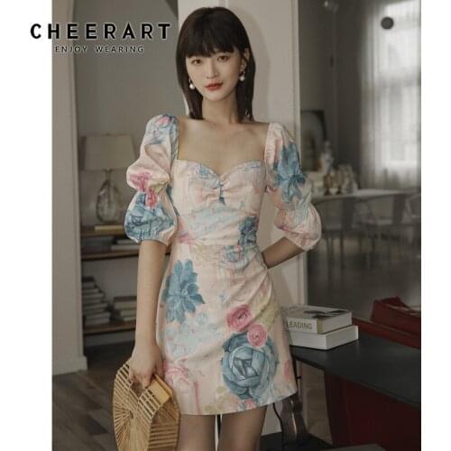 CHEERART Oil Painting Floral Vintage Puff Sleeve Dress Summer Square Neck Pink Tunic Dress Women Elegant Backless Mini Dress