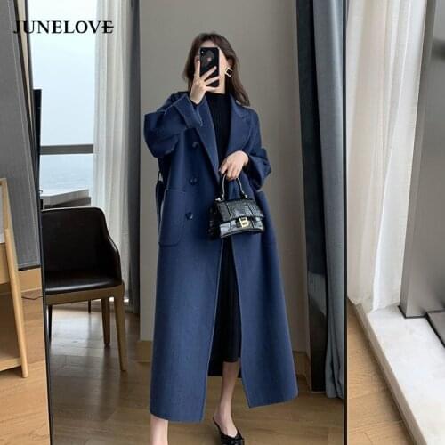JuneLove Women Coat Outerwear Autumn Winter Warm Woolen Blends Coat Female Long Elegant Double Breasted Navy Blue Wool Jacket