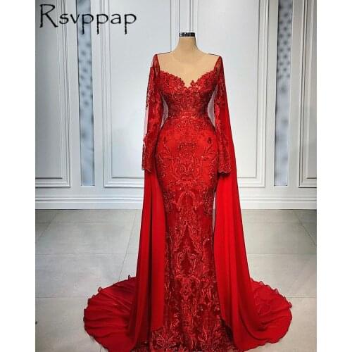 Arabic Style Long Red Mermaid Evening Dresses 2021 Luxury Long Sleeves Beaded Lace Party Dress Women Formal Gowns Abendkleider