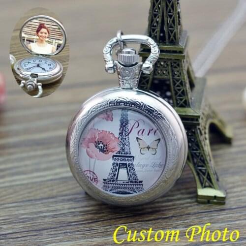 2018 New Style PARIS Eiffel Tower silver Necklace Pocket Watch Men Women Girl boy DIY personal Photo Jewelry Pocket Watches for