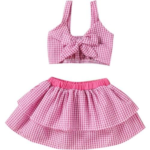 2021 Summer Kids Suit Set Girls Plaid V-Neck Sleeveless Bow Crop Tops+ Short Skirt for Summer Plaid Girls Clothing Set Outfits