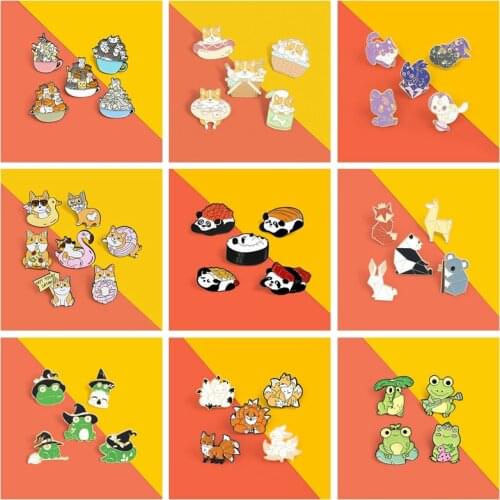 4-7PCS/Set Cartoon Fox Enamel Brooches for Women Anime Origami Cute Cat Forg Lapel Pins Badge Backpacks Jewelry Gifts Wholesale