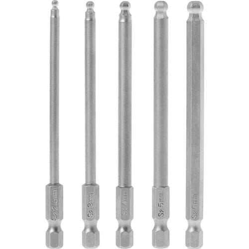 5 Pcs 1/4" Hex Shank 100mm Magnetic Ball End Hexagon Screwdriver Bits Drill Set L15