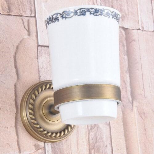 Antique Brass Single Toothbrush Holder With Ceramic Flower Cup Wall Mounted Bathroom Accessories aba266