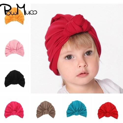 Powmuco 20.5*14.5 CM Solid Color Cotton Blends Newborn Hats Handmade Rose Knot Baby Girls Turban Caps Kids Hair Accessories