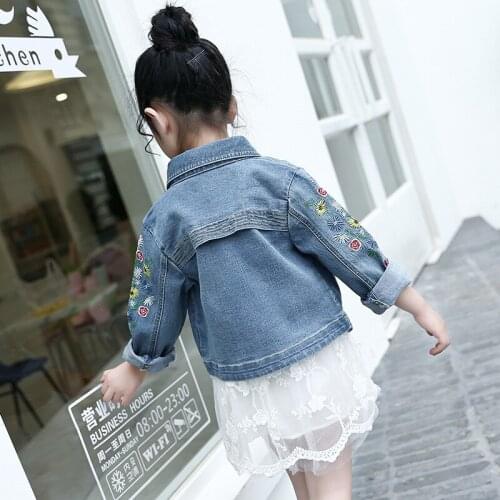 Girls Jeans Jacket Spring Autumn Children Kids Flower Embroidery Blue Denim Jacket Coat Teenager Outerwear Clothes 3T-14T