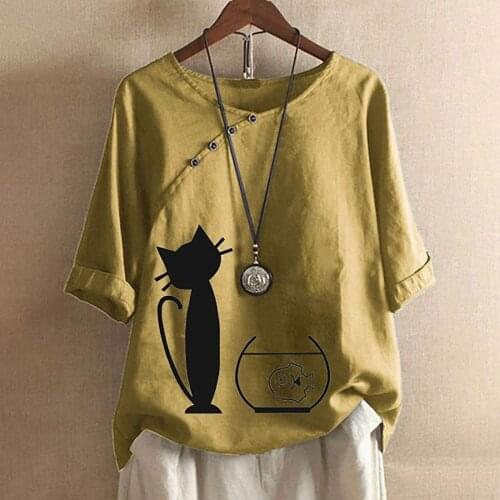Cotton Linen Women T-shirts Mujer Camiseta Oversize Half Sleeve Cartoon Cat Fish Print Casual Loose Tops Shirt футболки оверсайс