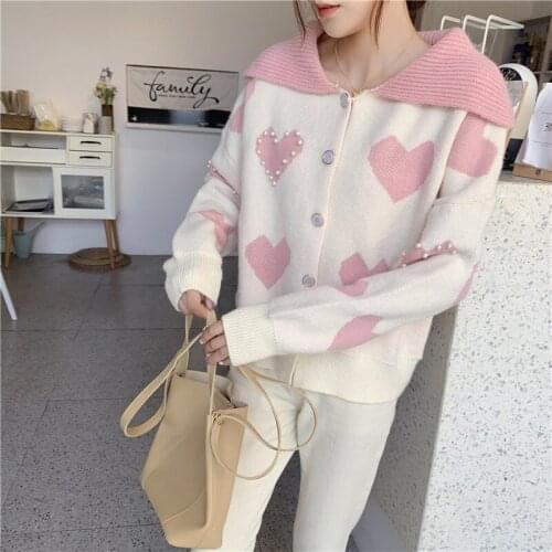 Cardigan sweater 2021 Autumn Winter New Popular Loose French Turn-down Collar Knitted Cardigan Net Red Love Print Sweater Coat