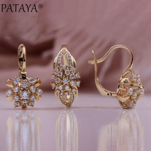 PATAYA New 585 Rose Gold Snowflake Drop Earrings Ring Set Natural Zircon Luxury Women Hollow Modern Bridal Fashion Jewelry Sets