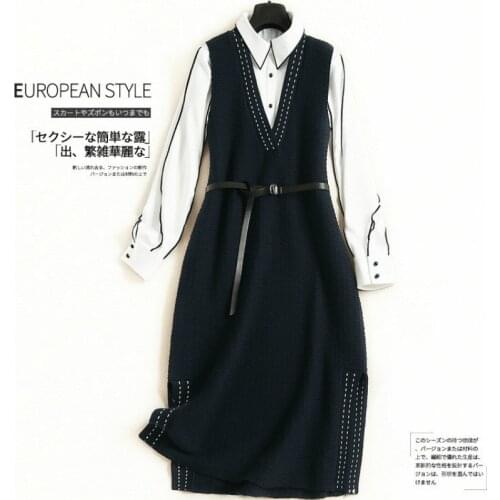 Korean 2 Piece Set Women Ol Commuter 2019 Spring Autumn New Long Sleeved Blouse Crop Top + Knitted Vest Dress Two Piece Set