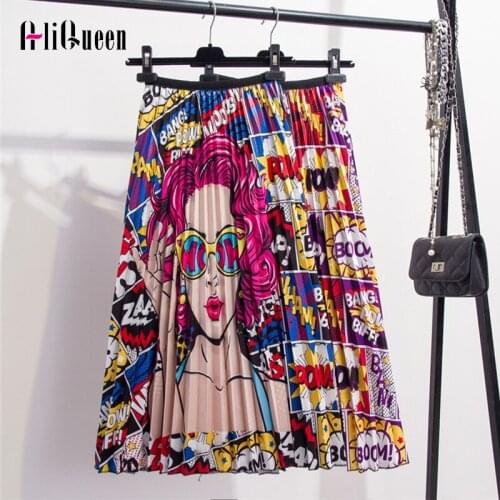 Summer Streetwear Cartoon Print Boho Long Skirts Womens Causual Elastic Waist A Line Pleated Skirt Womens Saias Faldas Plus Size