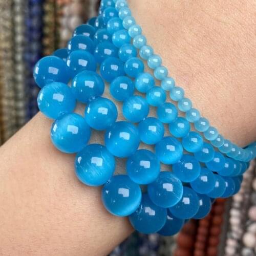Natural Lake Blue Cat Eye Stone Round Beads Spacer Loose Beads For Jewelry Making Diy Bracelet Charm Necklace 4-12mm 15"