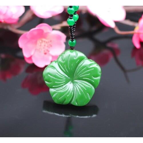Natural Green Jade Flower Pendant Necklace Chinese Hand-Carved Jadeite Fashion Charm Jewelry Accessories Amulet Men Women Gifts
