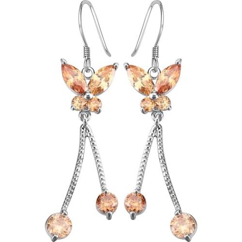 Silver plated crystal butterfly earrings new arrival women fashion jewelry cute butterfly earrings with champagne cz Gem