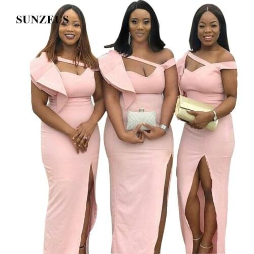Pink African Bridesmaids Dresses Sheath Long Wedding Party Gowns With Side Slit vestido dama de honor boda