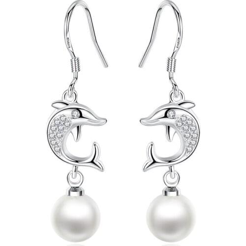 S925 Silver Earring Playful Dolphin Pearl Tassel Drop Earring For Women Wedding Gift Lady Girl Fashion Jewelry