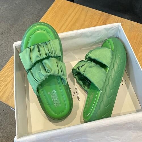 2021 Summer Silk Platform Thick Heel Women Slippers Wedges Height Increasing Solid Ladies Slides Outdoor Beach Sandals Female